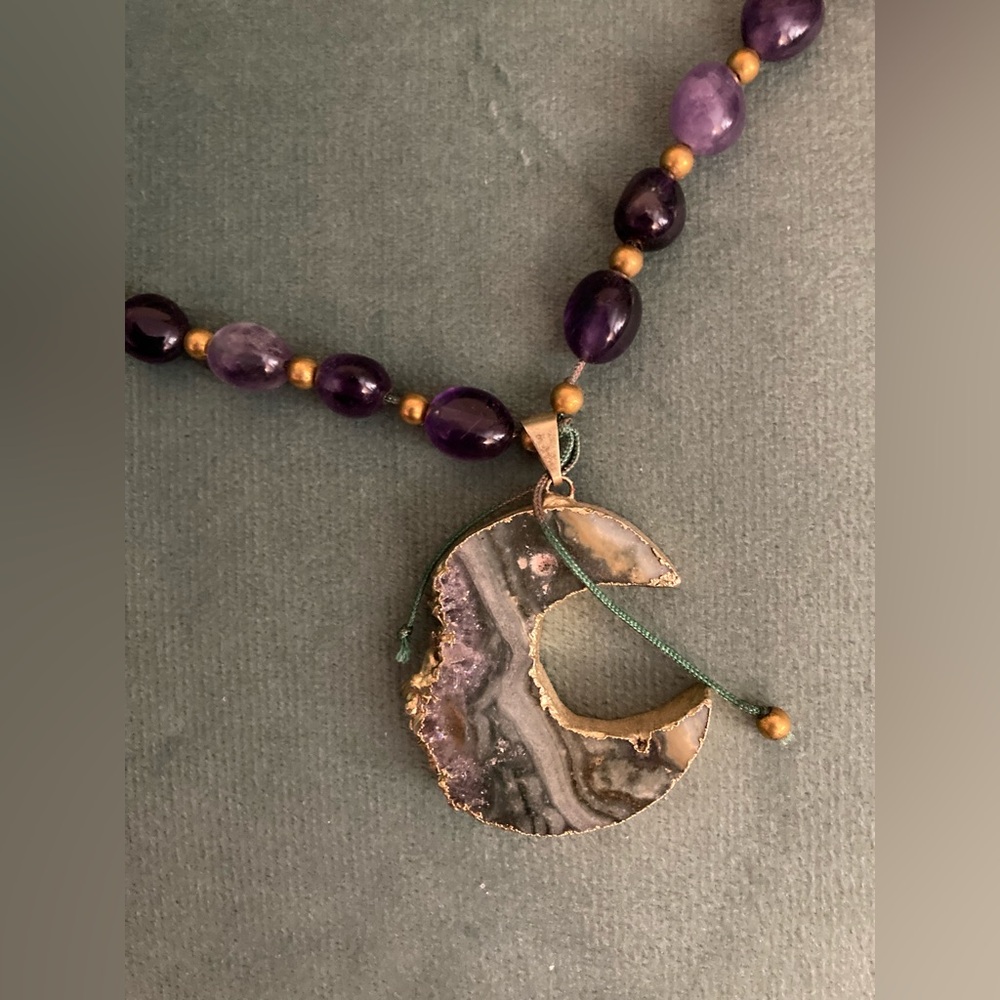 Purple and Gold Crescent Pendant Mala